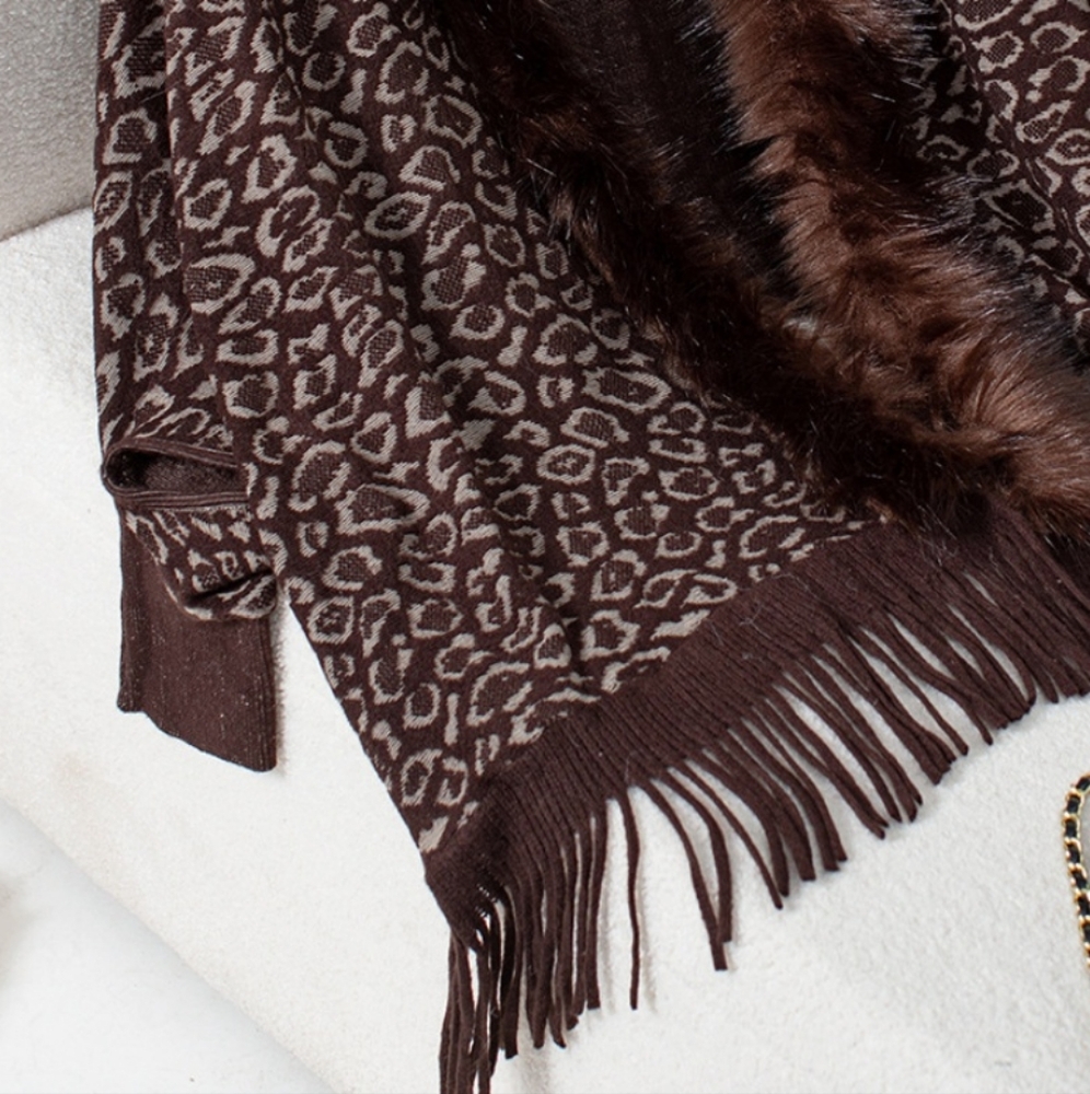 Plush Faux Fur Leopard Retro Fringe Boho Oversized Poncho Knit Cardigan Jacket - Picture 8 of 16
